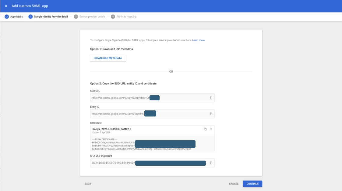 SAML metadata in Google Workspace