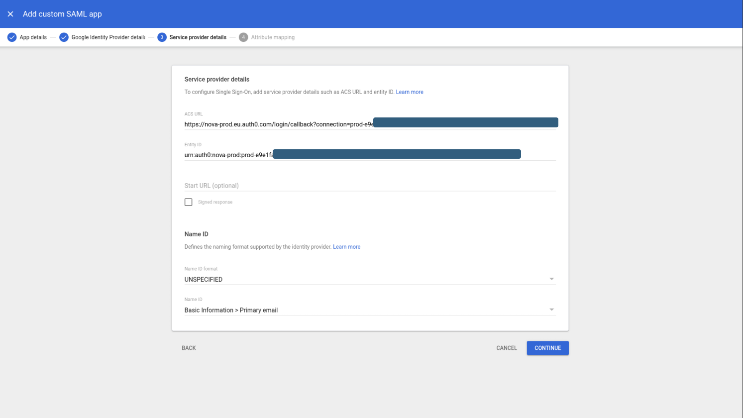 add ACS URL and Entity ID