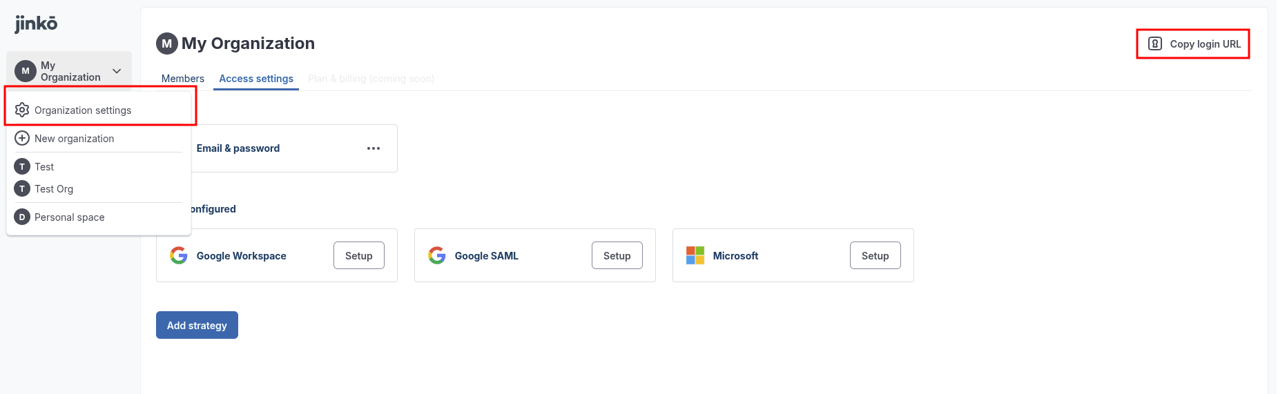 Access management settings in Jinkō organizations