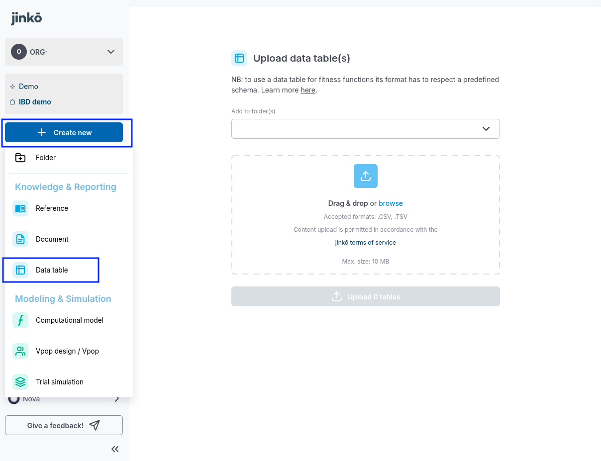 Uploading a Data Table from the main menu