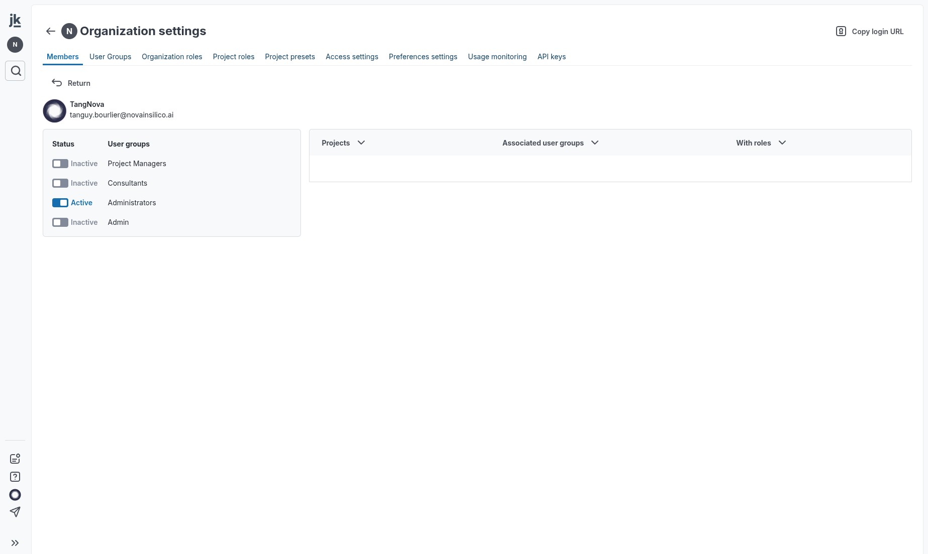 Overview of users groups and roles in projects.