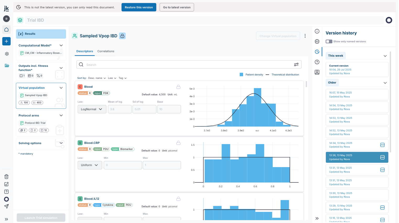 Versioning in the trial editor